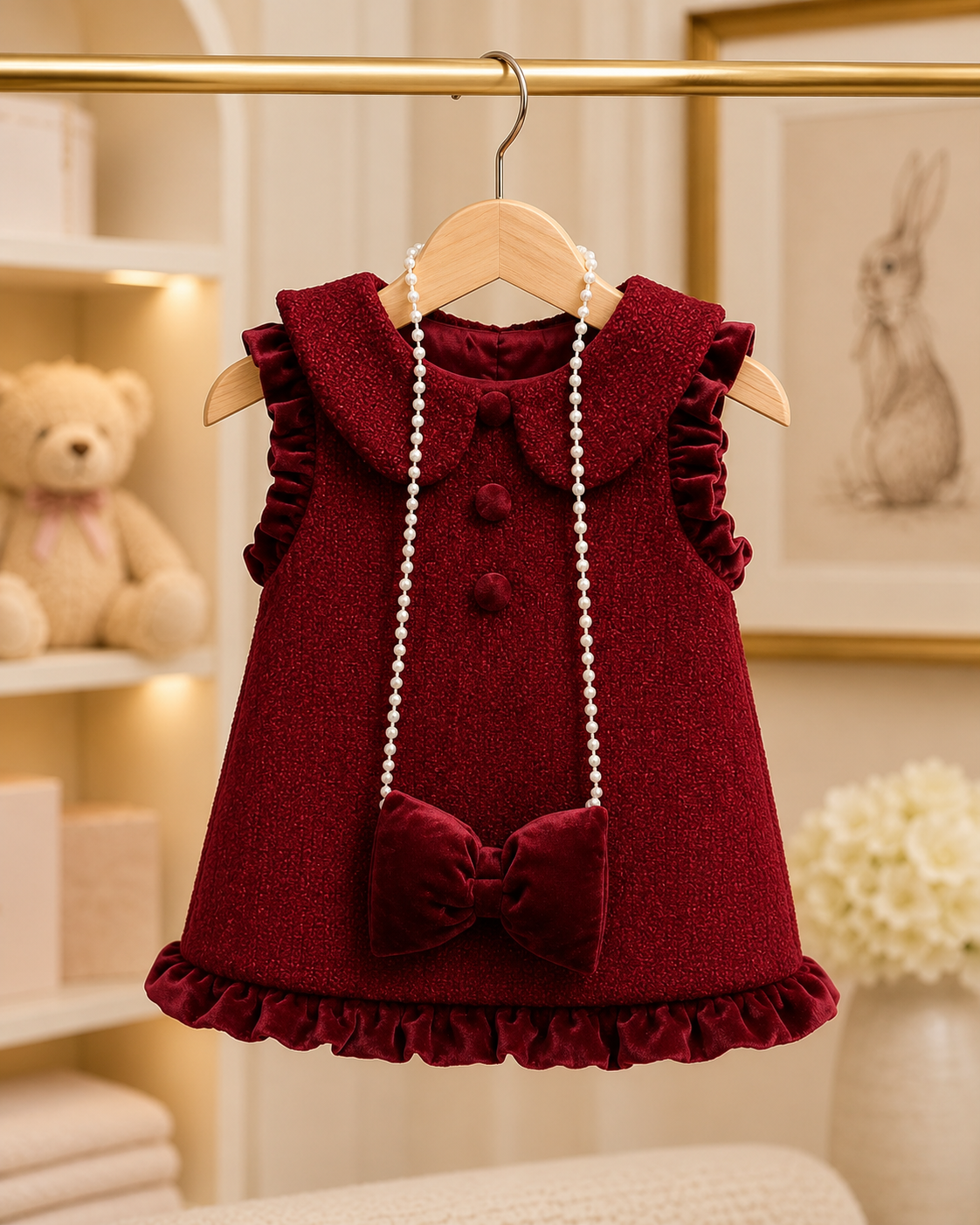 Ruby Velvet Pearl Bow Dress