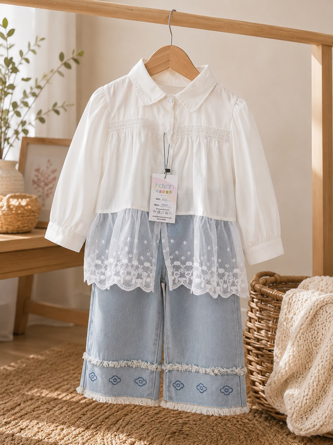Ivory Lace Denim Two-Piece Set