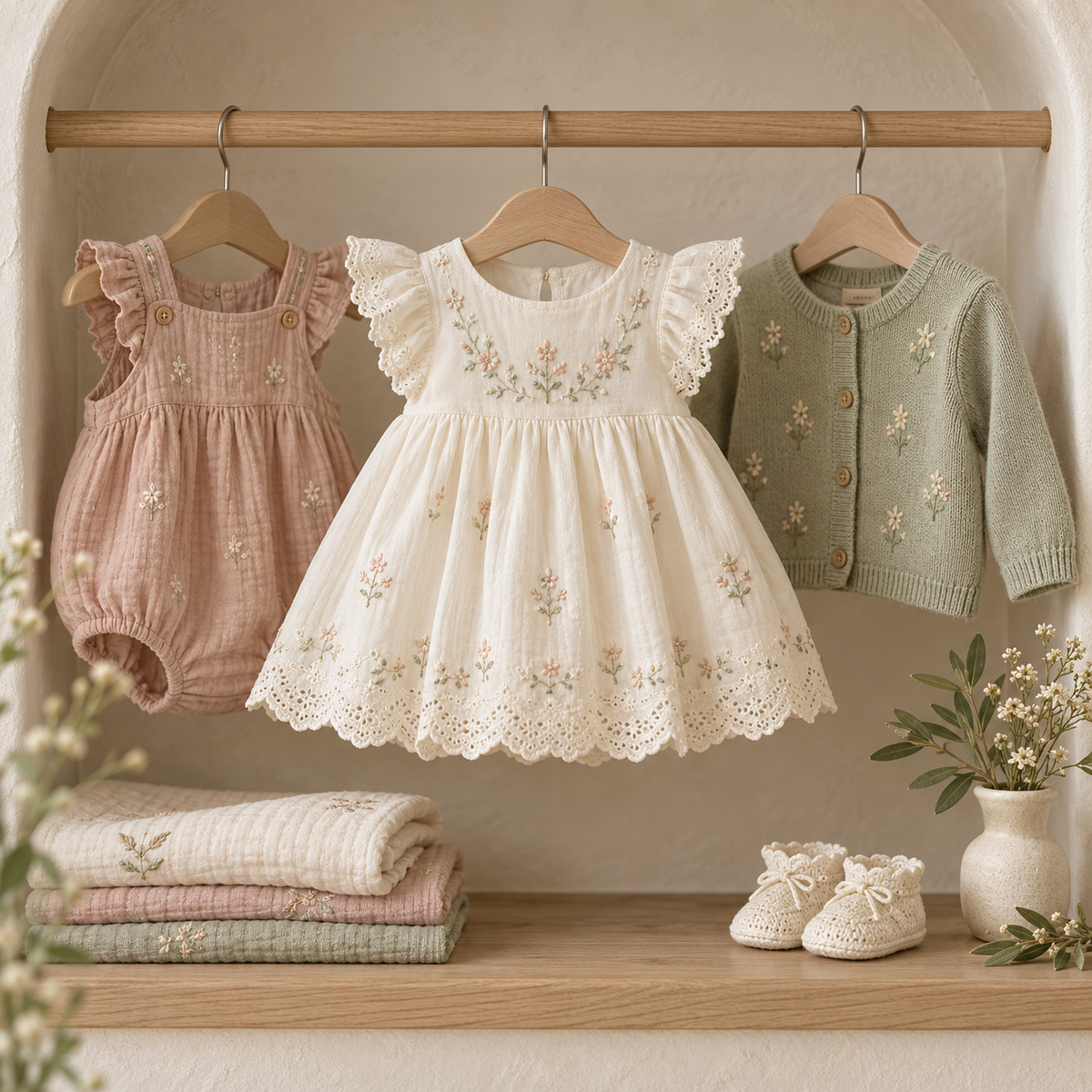 Baby Girl — ivory embroidered dress with blush and sage outfits