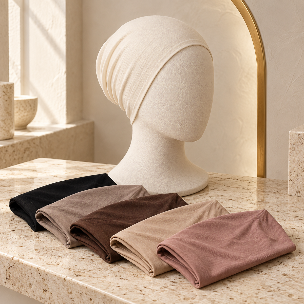 Undercaps — cream cotton cap and neutral coloured hijab undercaps
