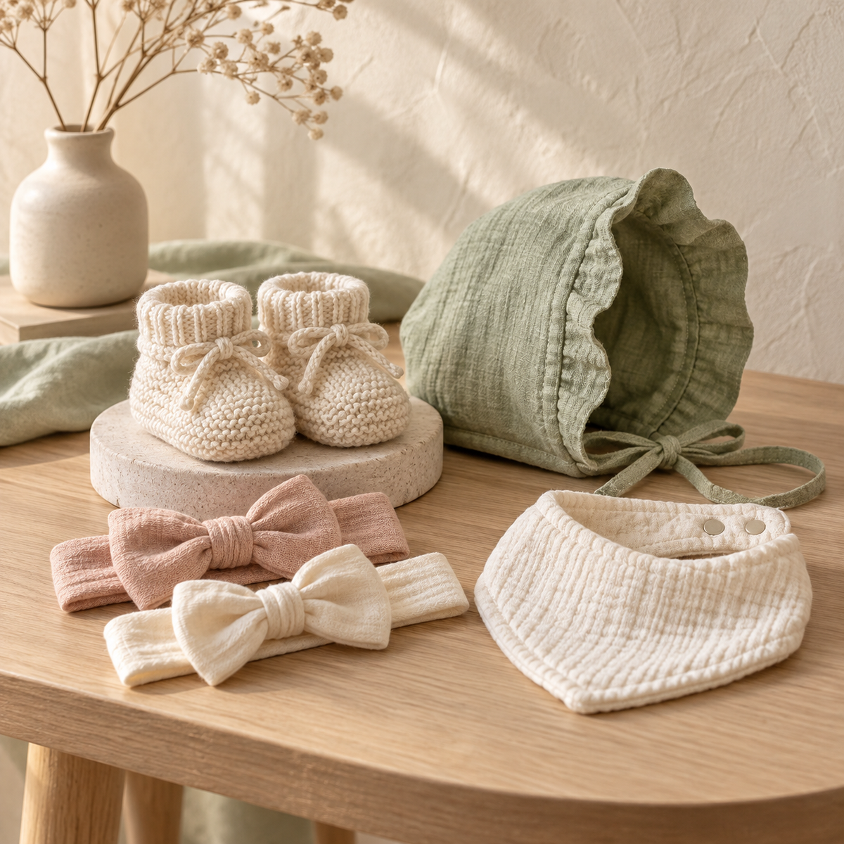 Inayah Kids accessories — knitted booties, bonnet, bow headbands and bib in cream and sage