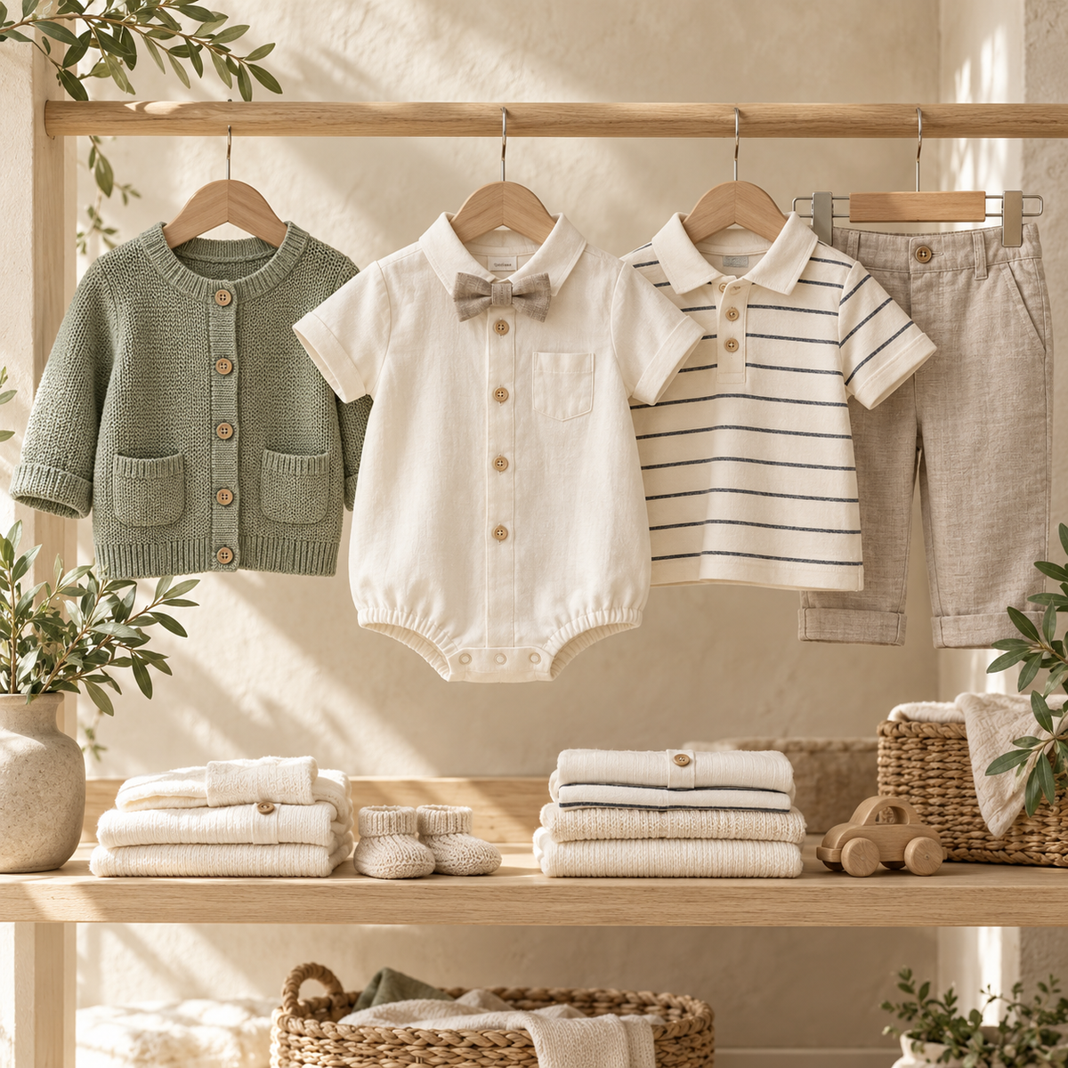 Baby Boy — cream romper and sage knitwear in a neutral boutique