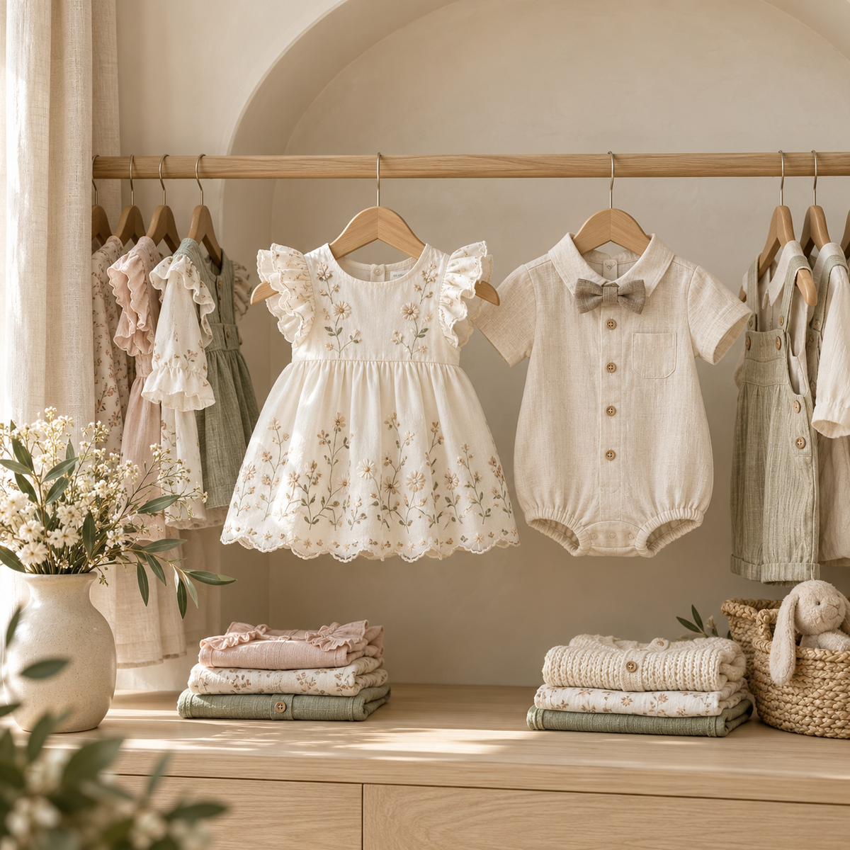 Inayah Kids new arrivals — neutral baby dresses and boys rompers