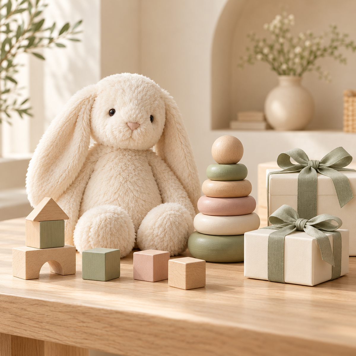 Inayah Kids toys and gifts — plush bunny, wooden toys and ribbon-wrapped gift boxes