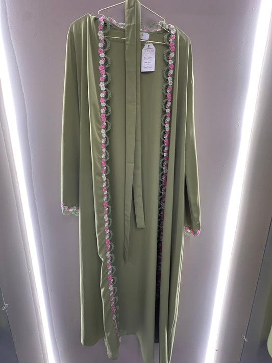 Rosette Trim Belted Open Abaya