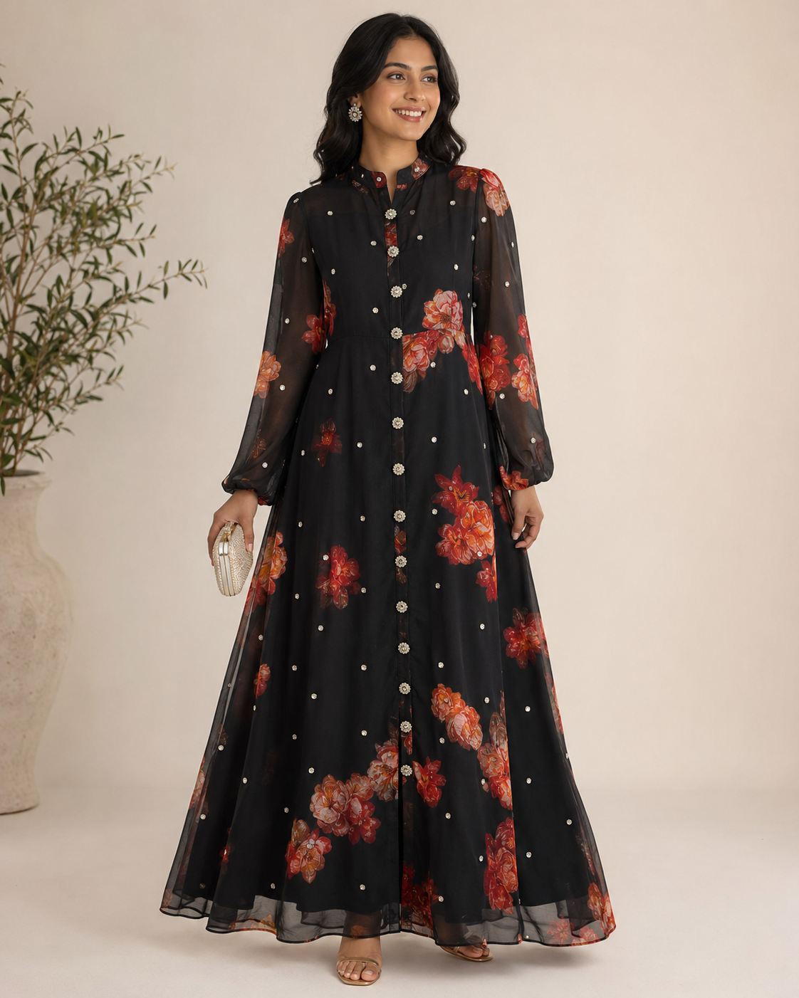 Black Floral Diamante Maxi Dress