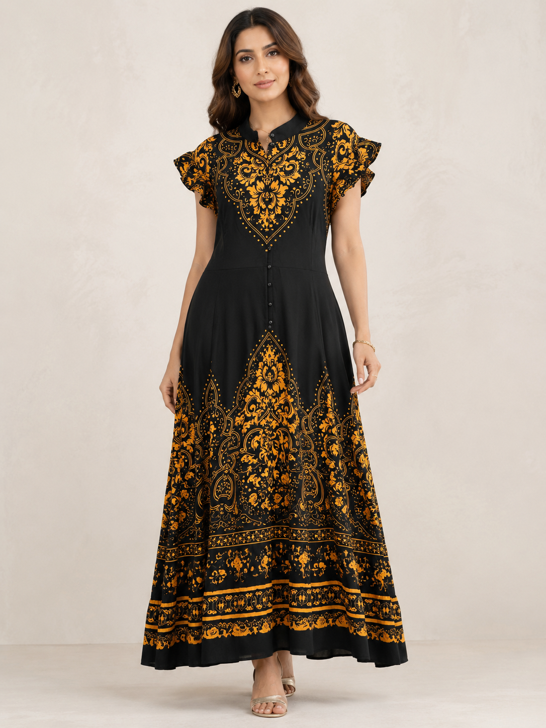 Black & Gold Printed Maxi Dress