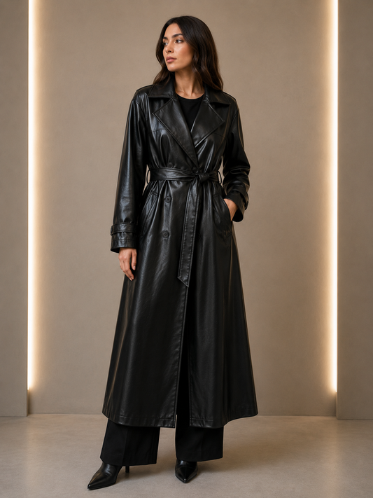 Classic Faux Leather Trench Coat