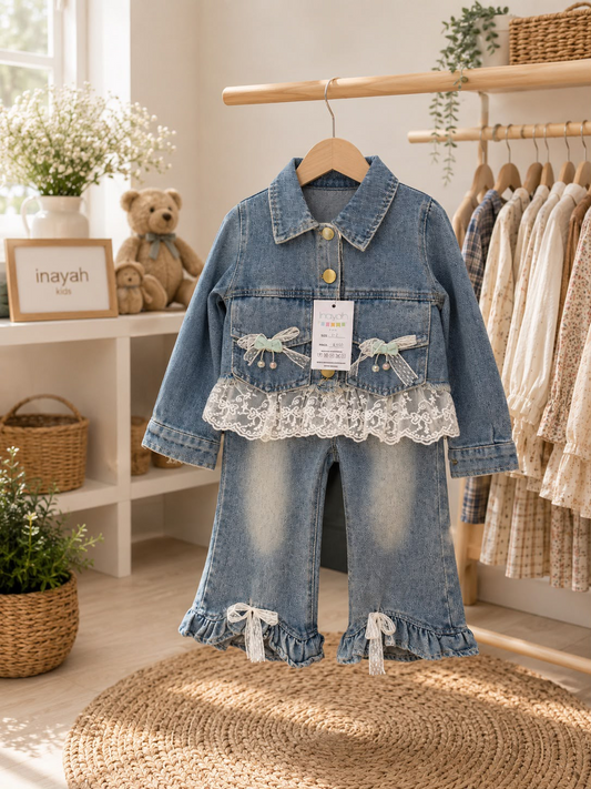 Denim Bow & Lace Two-Piece Set