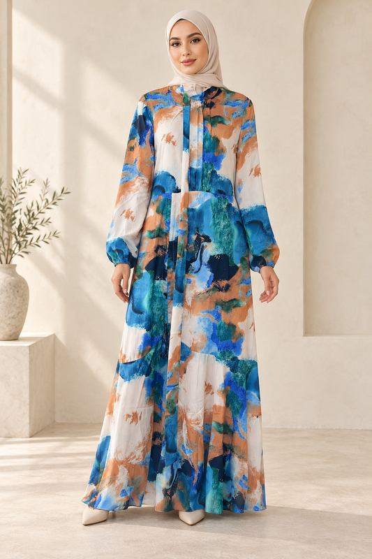 Abstract Harmony Maxi Dress modelled in an ivory studio