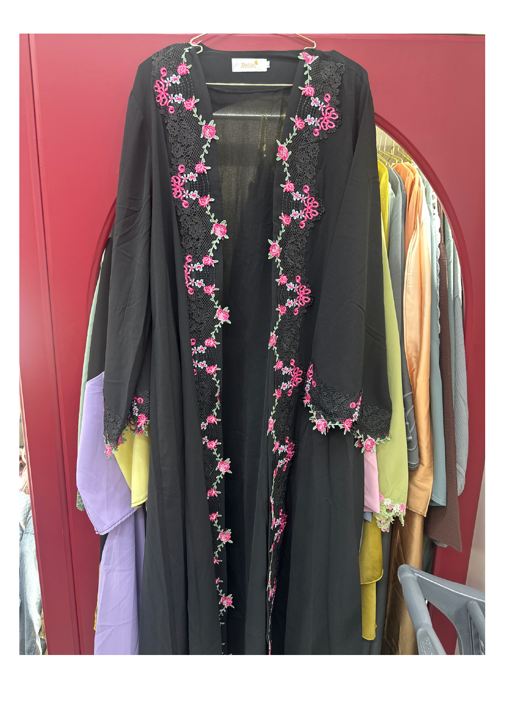 Black floral embroidered open abaya product photo