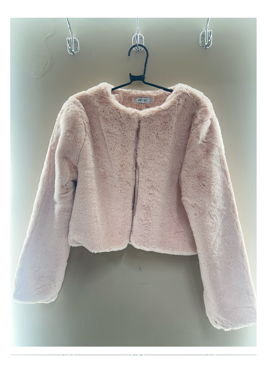 Pink cropped faux fur jacket