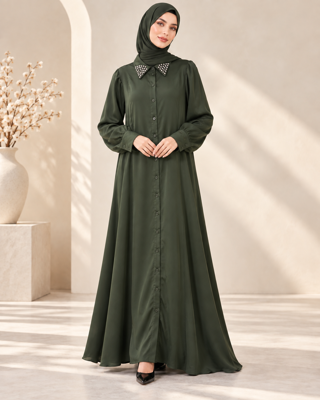 Model wearing olive embellished collar button-front dress