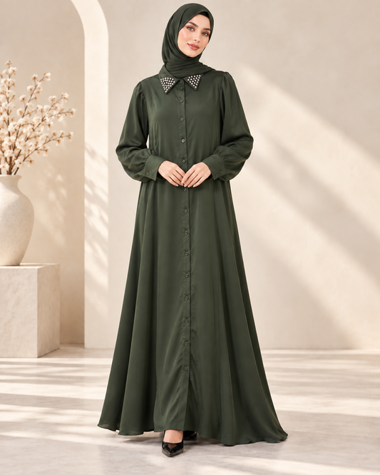 Model wearing olive embellished collar button-front dress