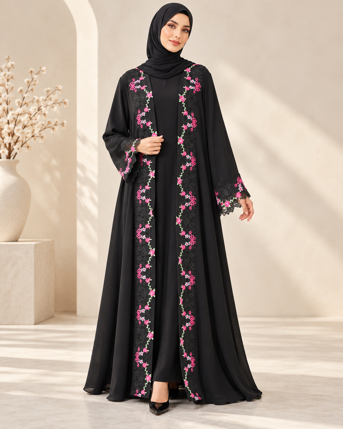 Model wearing black floral embroidered open abaya