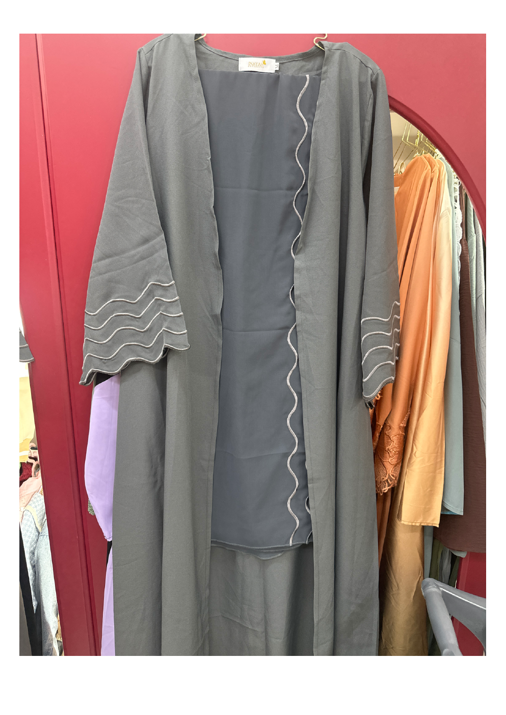 Grey wave trim open abaya set product photo