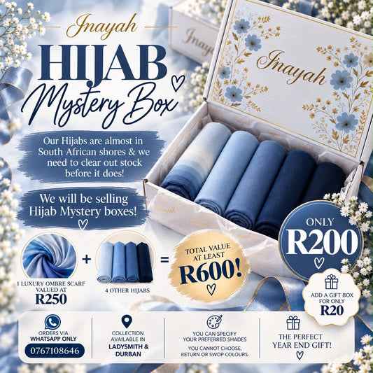 Inayah Hijab Mystery Box promotion – five hijabs for R200, gift box optional