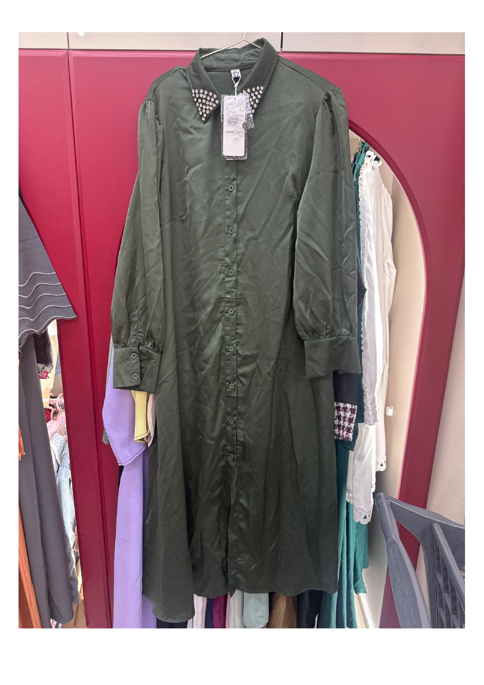 Olive embellished collar button-front dress product photo