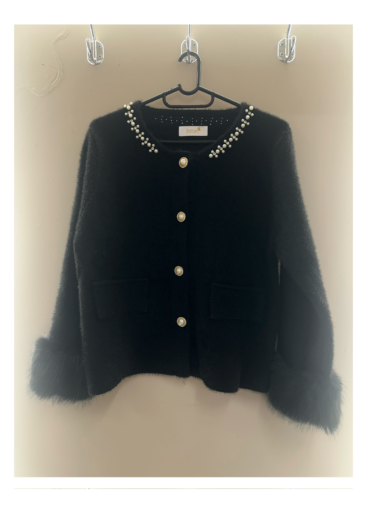 Black pearl trim faux fur cuff cardigan