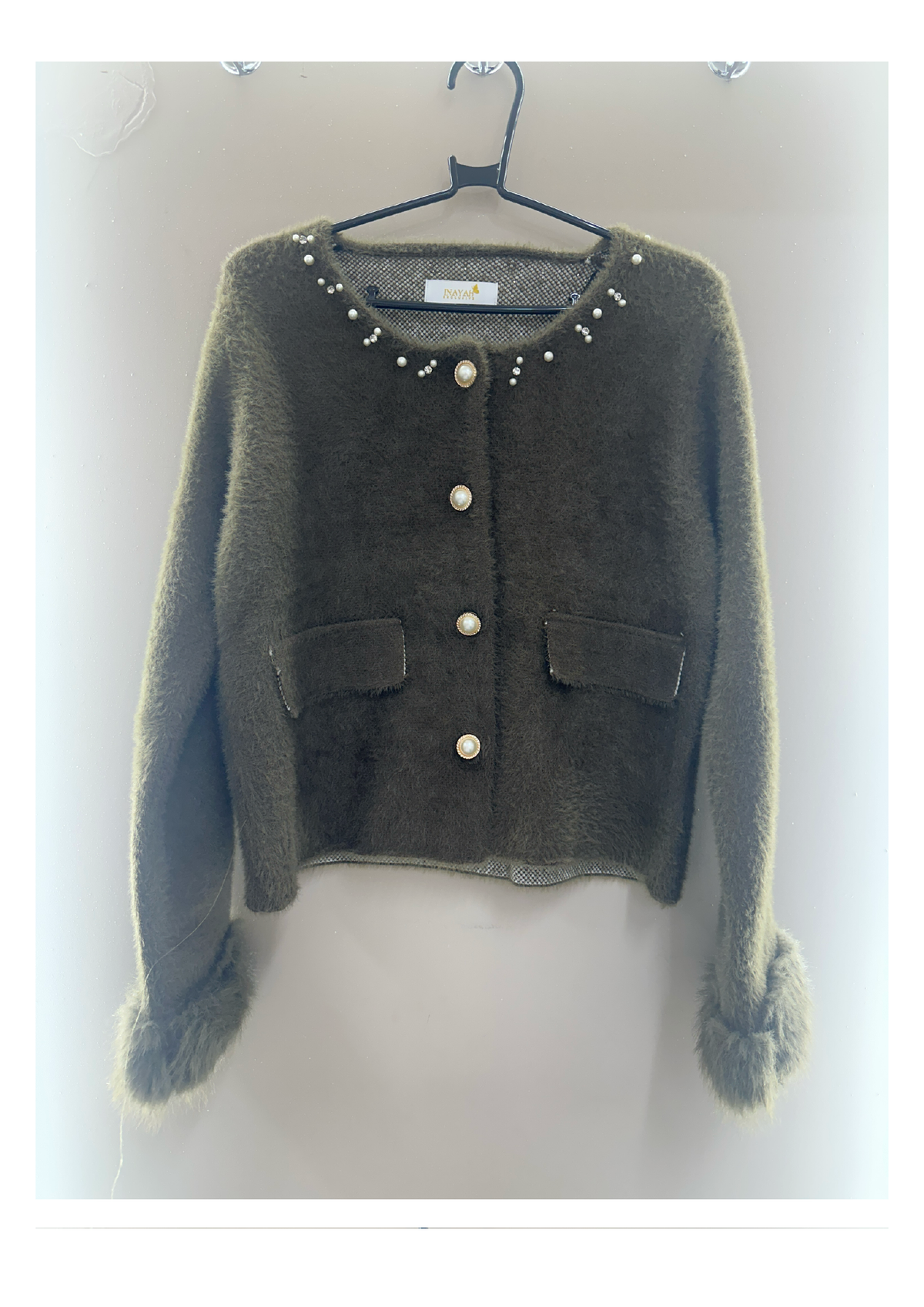 Brown pearl trim faux fur cuff cardigan