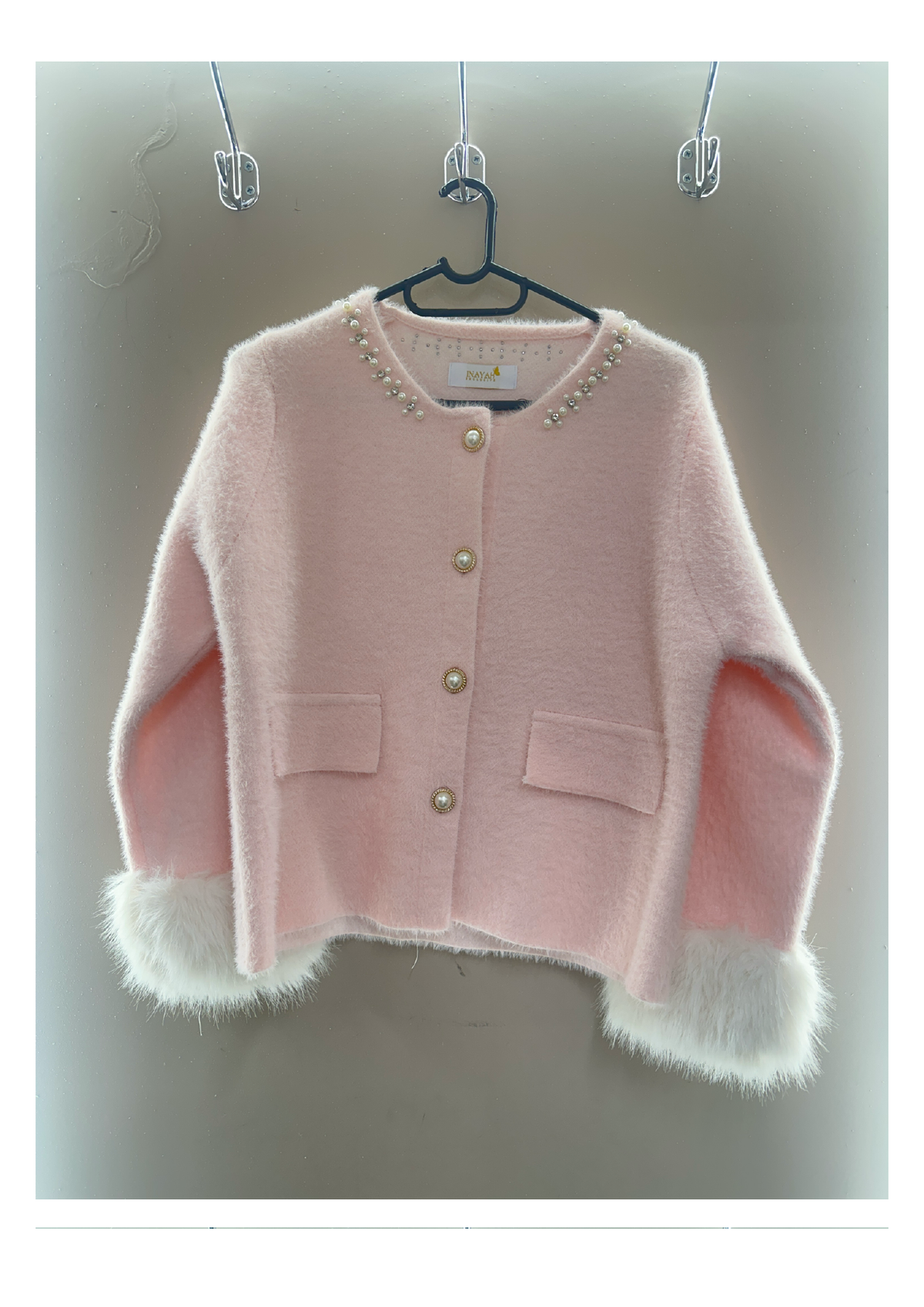 Pink pearl trim faux fur cuff cardigan