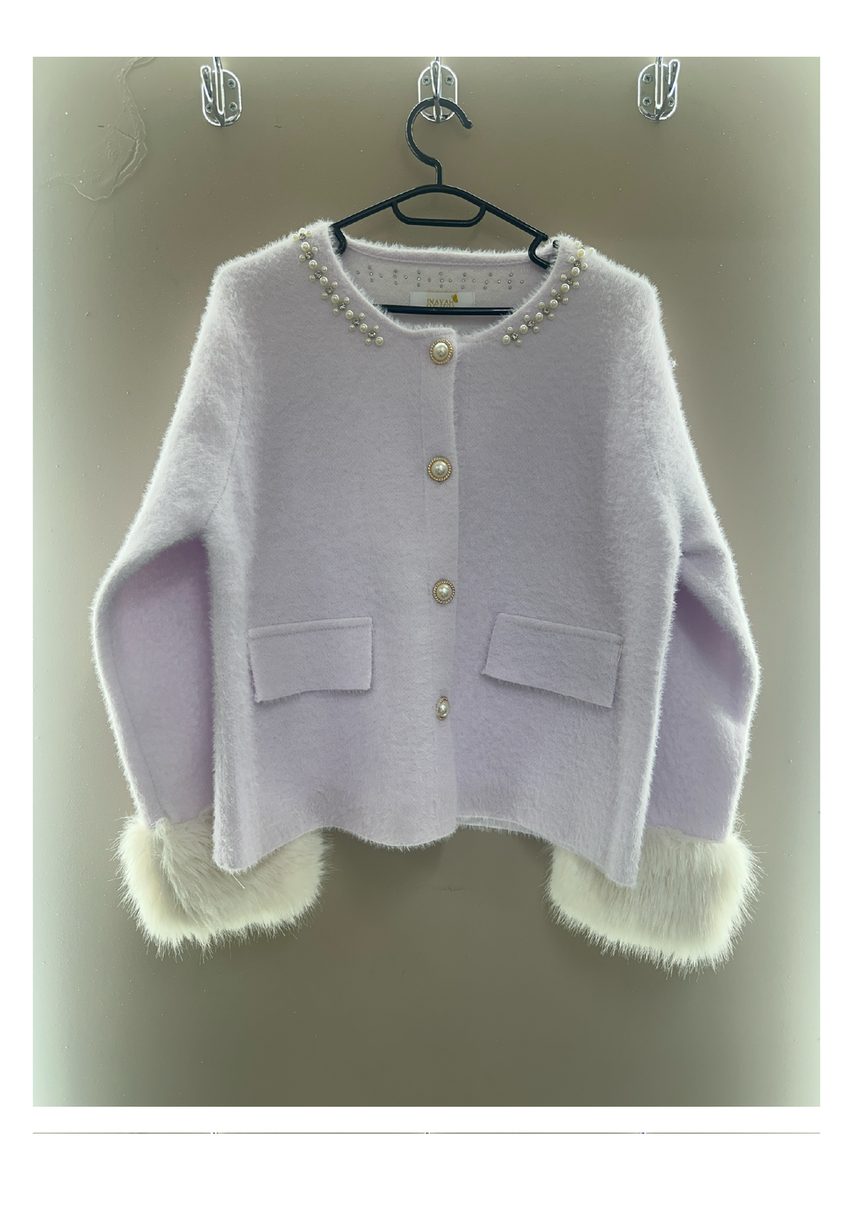 Purple pearl trim faux fur cuff cardigan