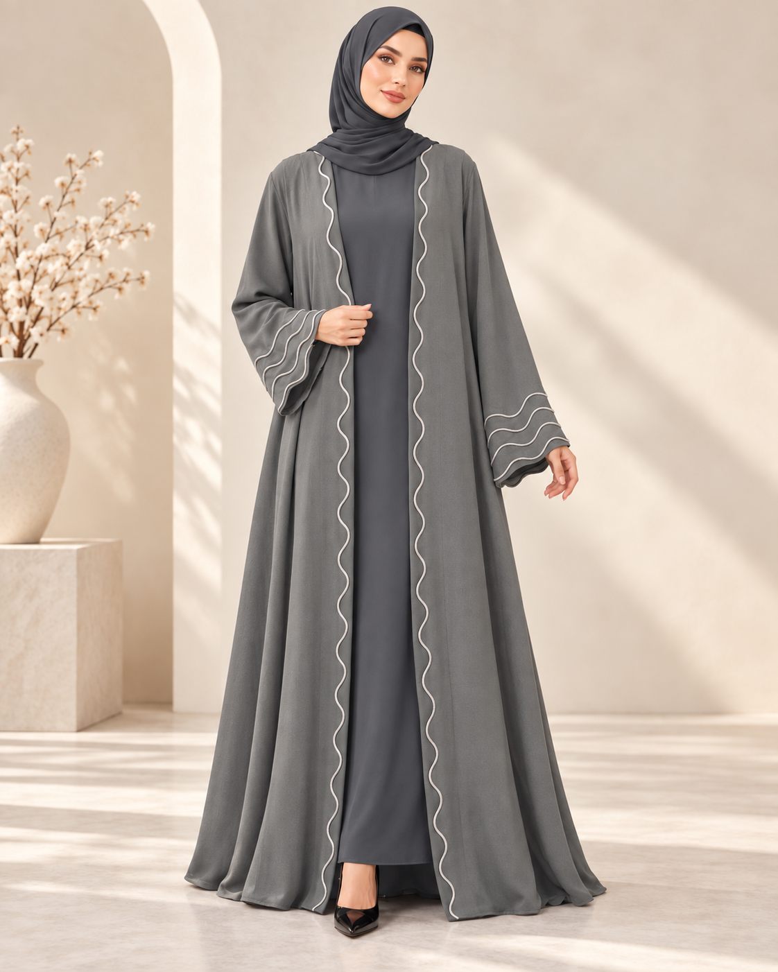 Model wearing grey wave trim open abaya set